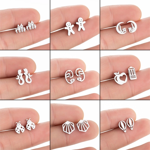 Stainless Steel Stud Earrings For Women Vintage Korean Style Multi Shape Mermaid Gingerbread Man Abstract Face Jewelry