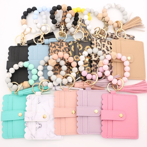 Portachiavi Bracciale In Perline Di Silicone Portafoglio Portacarte Con Nappina In Pelle PU Per Donna Moda Leopardo Marmo Fiori