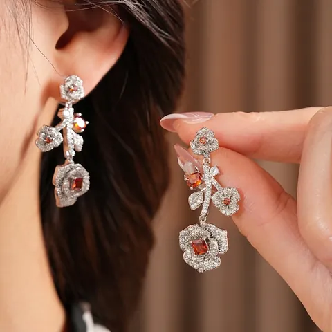 Vintage Rose Flower Dangle Earrings With Copper Zircon And Silver Earring Post Elegant Floral Jewelry For Women