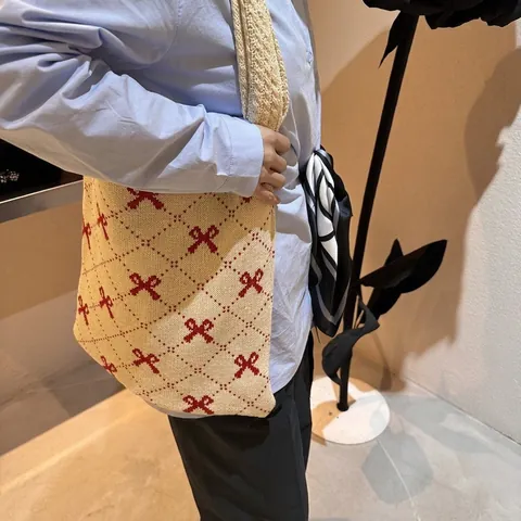 Knitted Tote Bag Women Argyle Pattern Bow Tie Soft Yarn Shoulder Handbag With Satin Scarf Sweet Casual Versatile