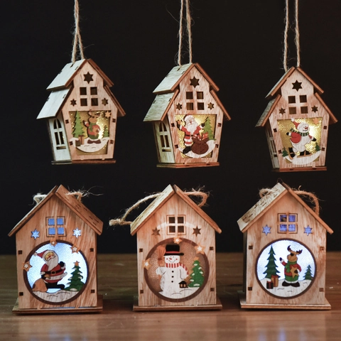 LED Luminous Christmas Wooden House Hanging Ornaments DIY Laser Cut Wood Cabin Santa Snowman Reindeer Holiday Decor