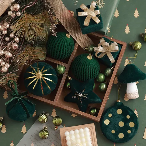 Decorazioni Pendenti Albero Natale Verde Scuro Velluto Schiuma Stella Fungo Scatola Regalo Paillettes Arredo Feste