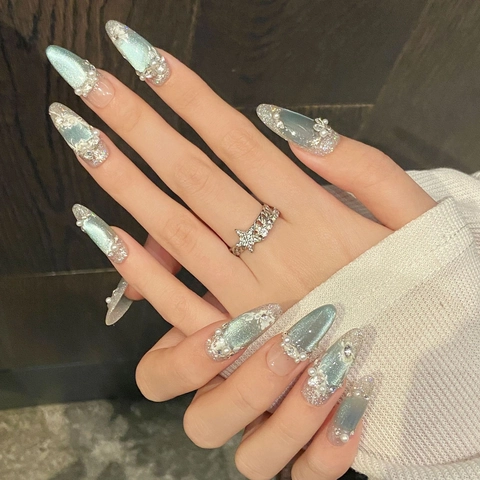 Handmade Blue Cat Eye Press On Nails With 3D Flower Rhinestone Pearl Decoration Luxury Ice Blue Reusable Fake Nails For Women