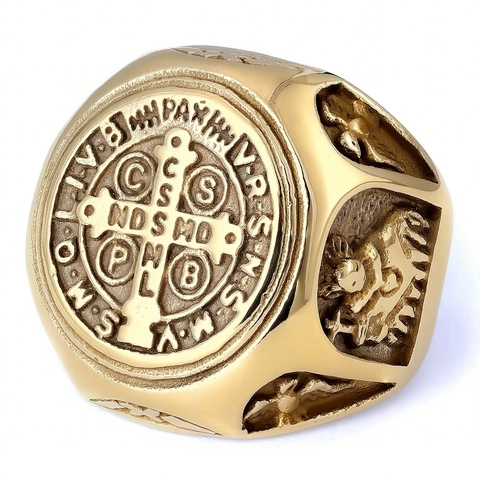 Anello Medaglia San Benedetto Croce Acciaio Inossidabile Gioielli Sigillo Religioso Industriale Per Uomini Donne Retrò Inciso