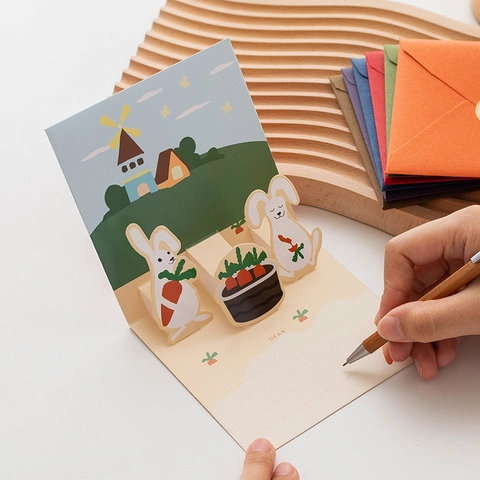3D Pop Up Greeting Cards Cute Animal Rabbit Corgi Fox Design With Envelope And Seal Sticker For Birthday Thank You
