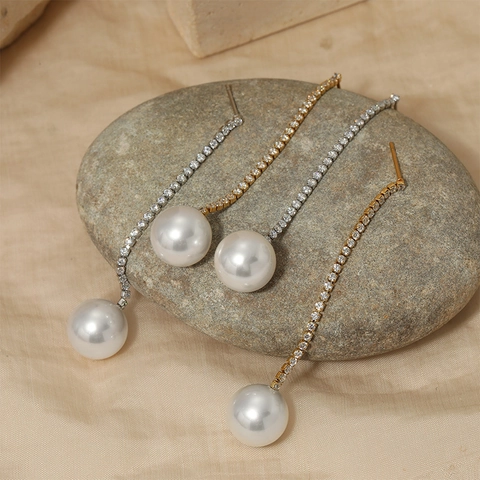 Eleganti Orecchini Lunghi In Acciaio Inossidabile Con Zircone Catena Verticale Perla Artificial Sintetica Gioielli Impermeabili Donna