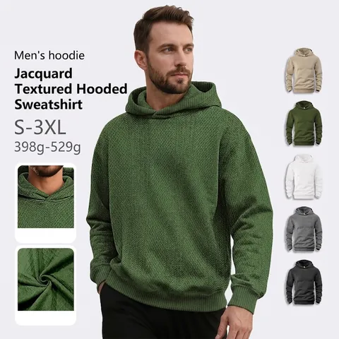Men's Hoodie Jacquard Fabric Textured Long Sleeve Pullover Loose Fit Diamond Pattern Solid Color Casual Autumn