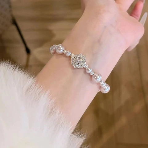 Artificial Pearl Beaded Bracelet With Zircon Rose Flower Charm Elegant Adjustable Hand Chain For Women Daily High End Jewelry
