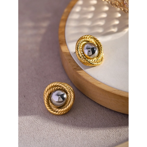 Vintage Ronde Knopoorbellen Roestvrij Staal Tweekleurig Goud Zilver Gevlochten Touwtextuur Dames