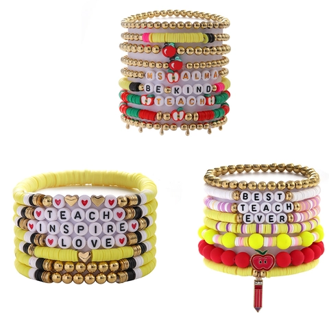 Pulsera De Agradecimiento Para Profesores Joyería De Cuentas Heishi De Arcilla Polimérica Con Dije De Manzana De Aleación