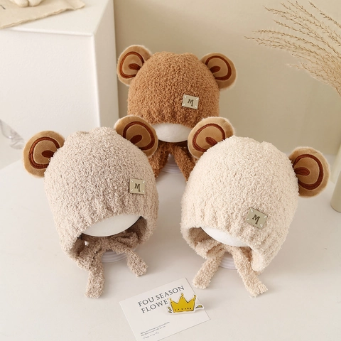 Cappello In Peluche Teddy Fleece Per Neonati Con Orecchie Di Orso Carine E Lacci Paraorecchie Inverno Caldo Antivento
