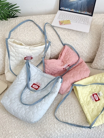 Borsa Tote Trapuntata Con Cuori In Cotone Imbottita Grande Capacità Borsa A Spalla Stile Coreano Streetwear Donne Studentesse