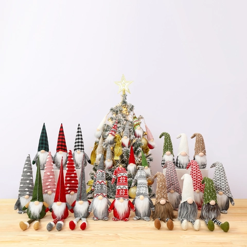 Kerstkabouter Pluche Decoratie Noors Gebreide Muts Sneeuwvlok Lange Geruite Benen Tomte Pop Figuur Voor Feestdagen