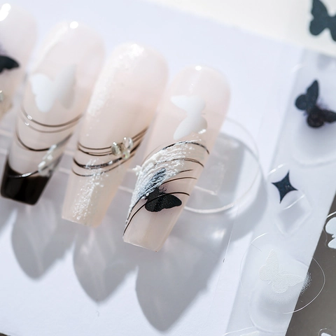 Autocollants Art Ongles Papillon Étoile Ultra Mince Adhésif Noir Blanc Décalcomanies Manucure DIY