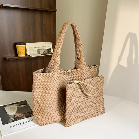 Sac Cabas Tissé Grande Capacité Sac À Main En Cuir PU Avec Pochette Intérieure Sac À Épaule Élégant Pour Femmes Chic