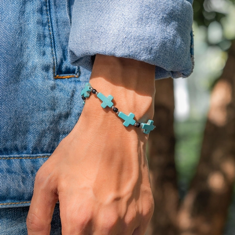 Men Beaded Bracelet Turquoise Cross Beads Black Beads Alloy Adjustable Extension Chain Vintage Minimalist Trend Jewelry