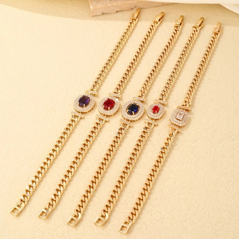 Luxury Cuban Link Bracelet With Oval Rectangle Colorful Cubic Zirconia Gold Plated Alloy Jewelry For Women Elegant Versatile