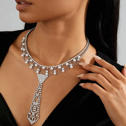 Halskette Mit Krawattenanhänger Für Damen Mit Kunstperlen Und Strasssteinen Elegante Luxusmode Lange Pulloverkette Schmuck