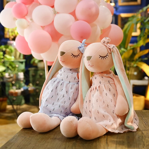 Long Ear Rabbit Plush Toy Soft Stuffed Bunny Doll With Floral Dress Bowknot Soothing Sleeping Toy Gift For Girls
