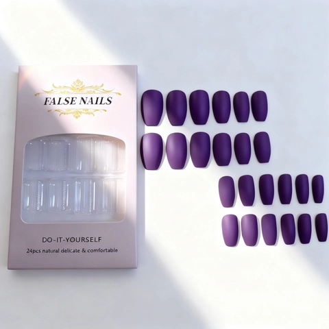 Unghie Finte A Pressione Viola Scuro Opaco Forma Ballerina Bara Copertura Totale Manicure DIY Per Donne