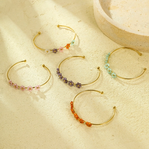 Bracciale Bangle Aperto a Fiore in Acciaio Inossidabile per Donna Elegante Placcato Oro Floreale con Strass Intarsiati Gioielli Moda Regalo