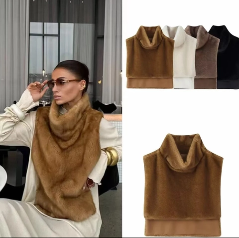 Femme Gilet En Fausse Fourrure Col Montant Sans Manches Poncho Chaud Mode Hiver Élégant Haut Pull Couleur Unie