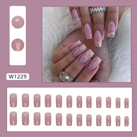 Roze Gradiënt Press On Nagels Glitter Franse Stijl Middellang Vierkant Kunstnagels Afneembare Nagels Voor Dames