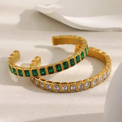 Mode Open Manchet Armband Roestvrij Staal 18K Verguld Rechthoekige Zirkoon Inleg Luxe Bangle Voor Dames