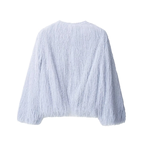 Women Long Sleeve Shaggy Fringe Jacket Round Neck Solid Light Blue Plush Casual Fashion Outerwear Coat