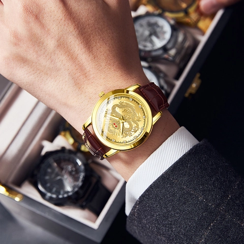 Men's Gold Chinese Dragon Relief Quartz Watch With Brown Faux Leather Strap 3D Dragon Dial Business Luxury Wristwatch