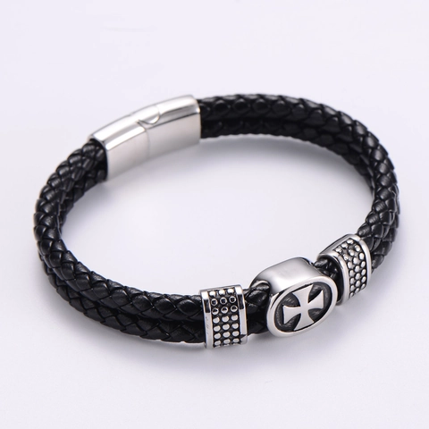 Doppelschichtiges Geflochtenes PU-Lederarmband Mit Magnetverschluss Aus Edelstahl Und Kreuzanhänger Für Herren Punk-Stil