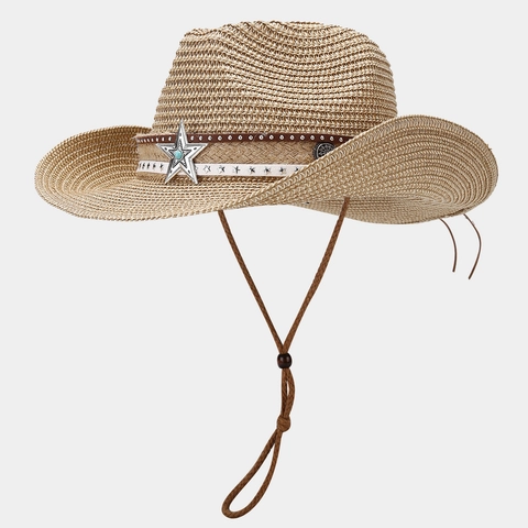 Western Straw Cowboy Hat Wide Brim Paper Straw Sun Protection Star Buckle Adjustable Chin Strap Breathable Summer Vacation