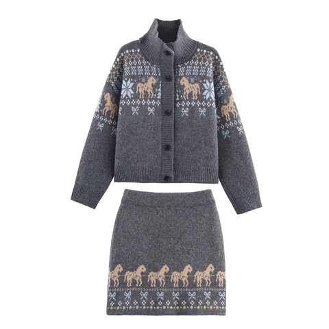 Dames Gebreide Rok Outfits Retro Paard Sneeuwvlok Jacquard Lange Mouwen Knoop Cardigan En Mini Rok Casual Streetwear