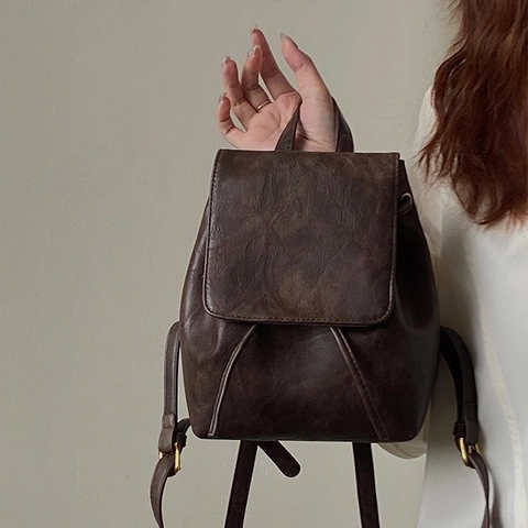 Mini Sac À Dos En Cuir PU Vintage Rétro Rabat À Cordon Boucle Magnétique Petit Sac De Jour Pour Femmes Style Urbain