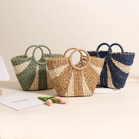 Women Woven Straw Tote Bag Round Handle Large Capacity Summer Beach Vacation Handbag With Gold Satin Thread