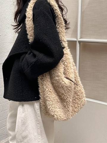 Plush Shoulder Bag Faux Lamb Wool Large Capacity Tote Bag For Women Autumn Winter Korean Lazy Style Solid Color Soft