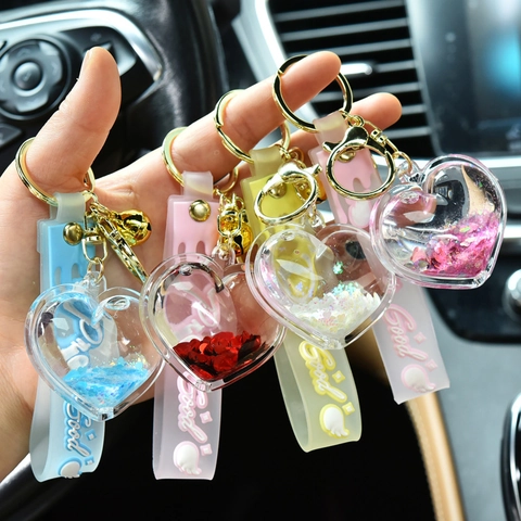 Cute Heart Liquid Quicksand Keychain Acrylic Moving Oil Keyring With Bell And Wrist Strap Creative Bag Charm Gift For Women