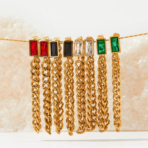 Vintage Square Zircon Tassel Earrings Stainless Steel Curb Chain Fringe Geometric Dangle For Women