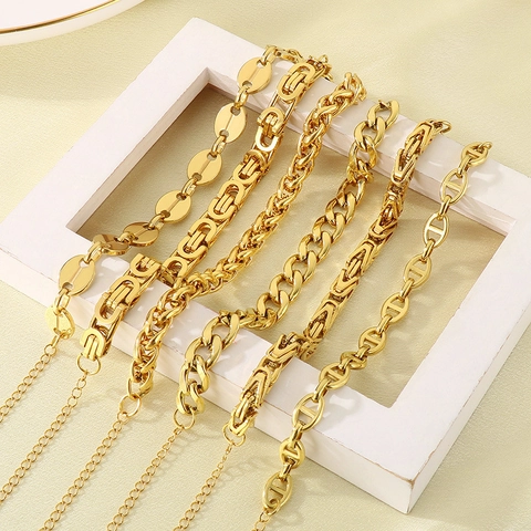 Stainless Steel Gold Plated Chain Link Bracelet For Men Women Retro Hip Hop Byzantine Cuban Style Adjustable Jewelry