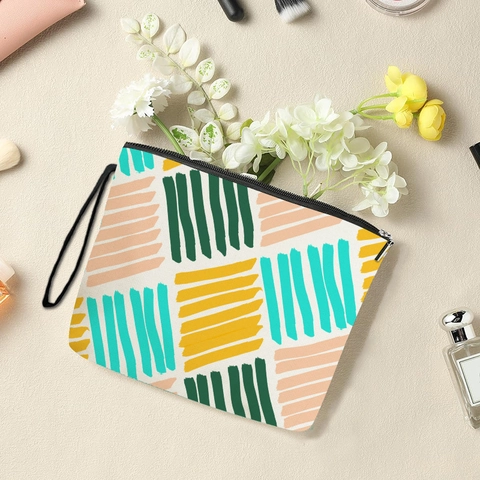 Borsa Trucco A Righe Multicolore In Lino Fine Pochette Cosmetica Con Cerniera E Cinturino Da Polso Organizzatore Da Viaggio