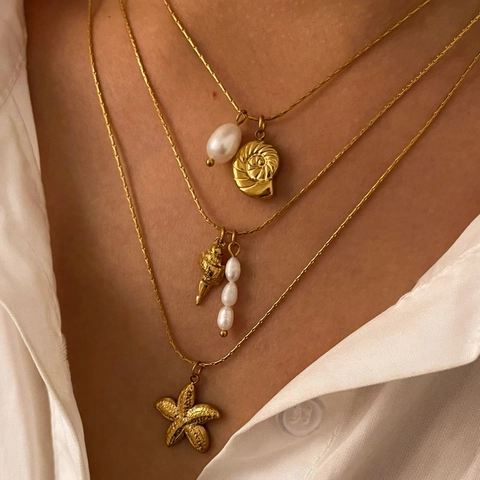 Collar De Acero Inoxidable Con Perla De Agua Dulce Y Colgante De Estrella De Mar Caracola Chapado En Oro 18K Joyería