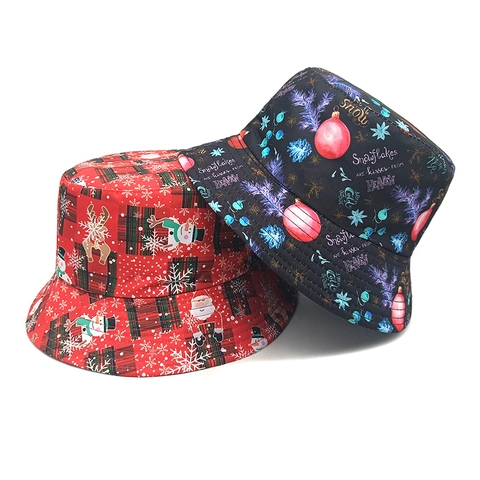 Chapeau Bob De Noël Polyester Impression Numérique Père Noël Bonhomme De Neige Flocon Réversible Chapeau De Fête