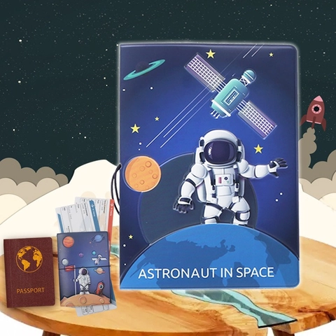 Reisepasshülle Schutzhülle PVC PU Leder 3D Geprägt Cartoon Astronaut Weltraum Thema Reisedokumenten Organizer Gummiband