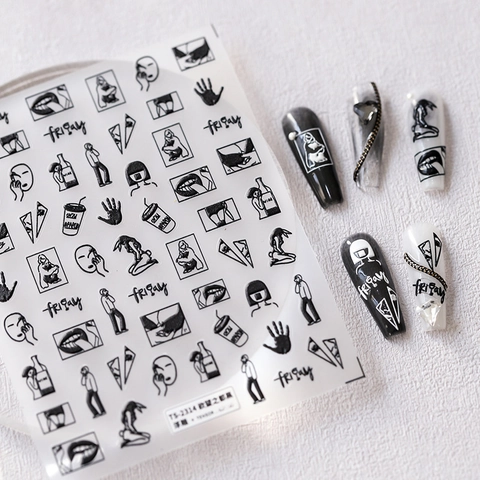 5D Reliëf Nagelkunst Stickers Zelfklevend Zwart Wit Illustratie Lijnkunst Manicure Decals Stijlvolle DIY Decoratie