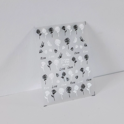 Autocollants Ongles Relief 3D Rose Noir Blanc Papillon Adhésifs Décalcomanies Manucure DIY Décoration