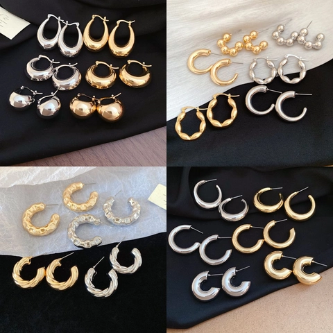 Chunky C-Shaped Hoop Earrings For Women Alloy Geometric Twisted Rope Studs With 925 Sterling Silver Earring Post