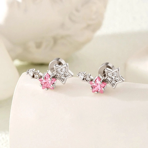 Stern Knorpel Ohrstecker Titanstahl Rosa Weißer Zirkonia Schraubverschluss Schicker Pentagramm Piercing Schmuck Damen