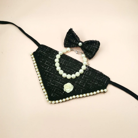 Elegante Haustier Bandana Und Fliege Tweed Houndstooth Plaid Polyester Lätzchen Mit Kunstperlen Für Kleine Hunde Katzen
