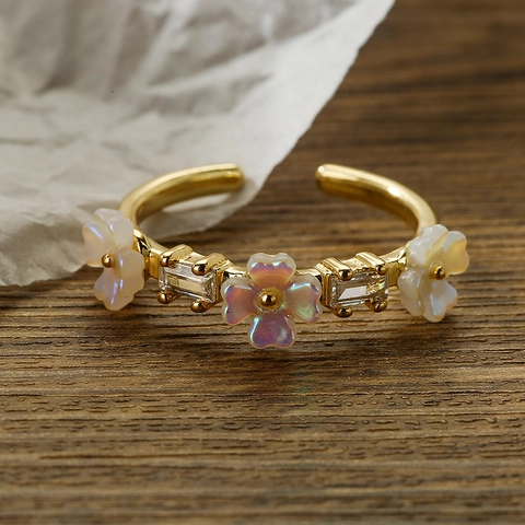 Open Ring Copper 18K Gold Plated Zircon Flower Geometric Adjustable Fashion Jewelry For Women Elegant Sweet Accessory