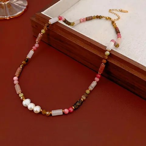 Handmade Natural Stone Beaded Necklace With Artificial Pearl Vintage Bohemian Niche Choker For Women